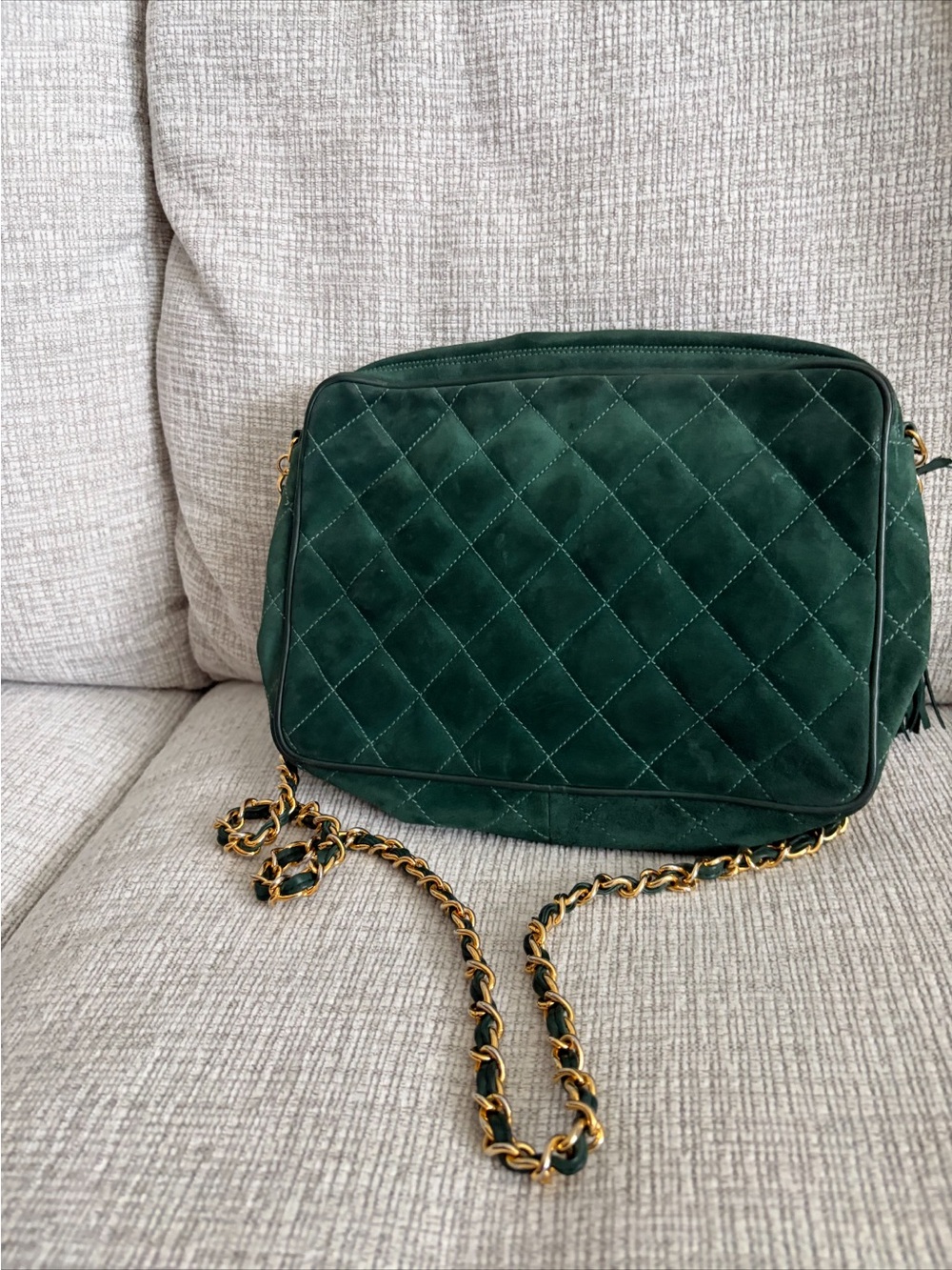 Rare CHANEL Vintage Green Suede Bag Quilted Tassel Gold Chain 1989-1991